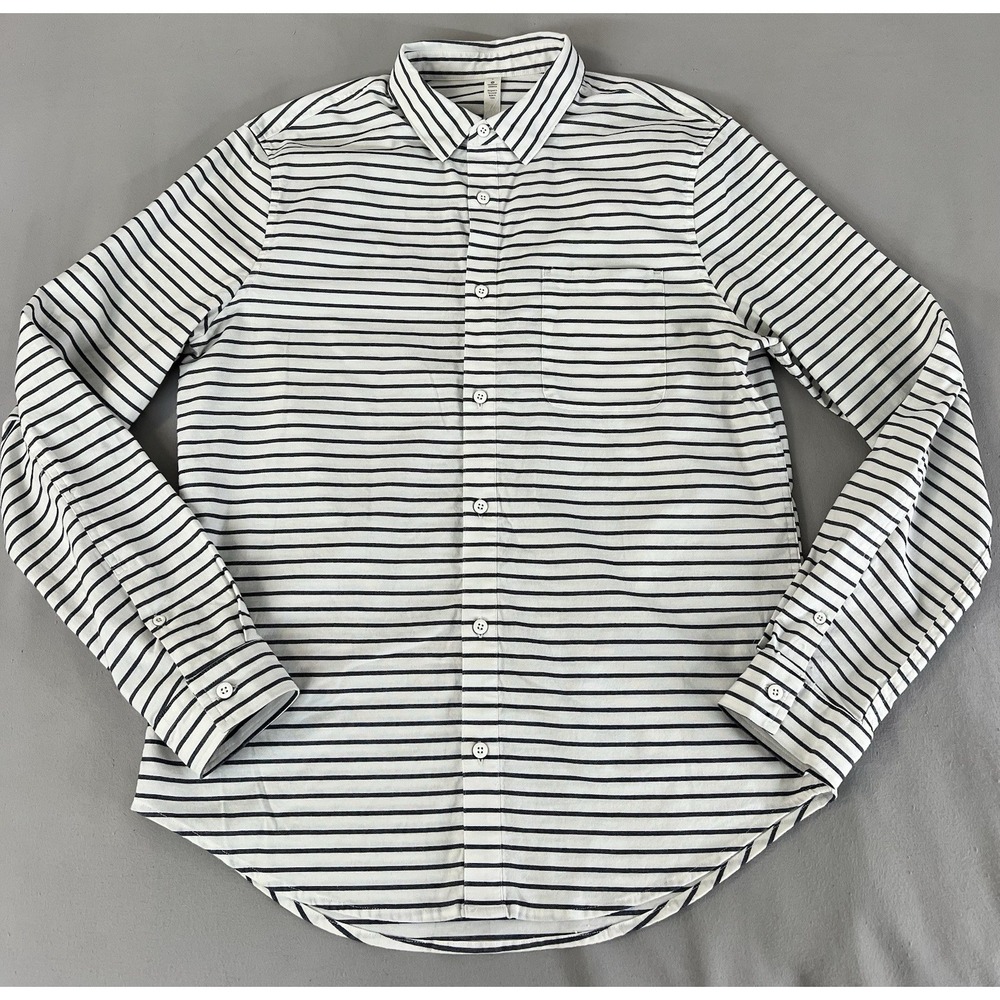 Lululemon Mens Long Sleeve Buttondown Large Oxford Raven Stripe White Navy‎